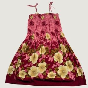 Hibiscus Collection Hawaii Pink Floral Smocked Sun Dress Tropical Rayon Mini
